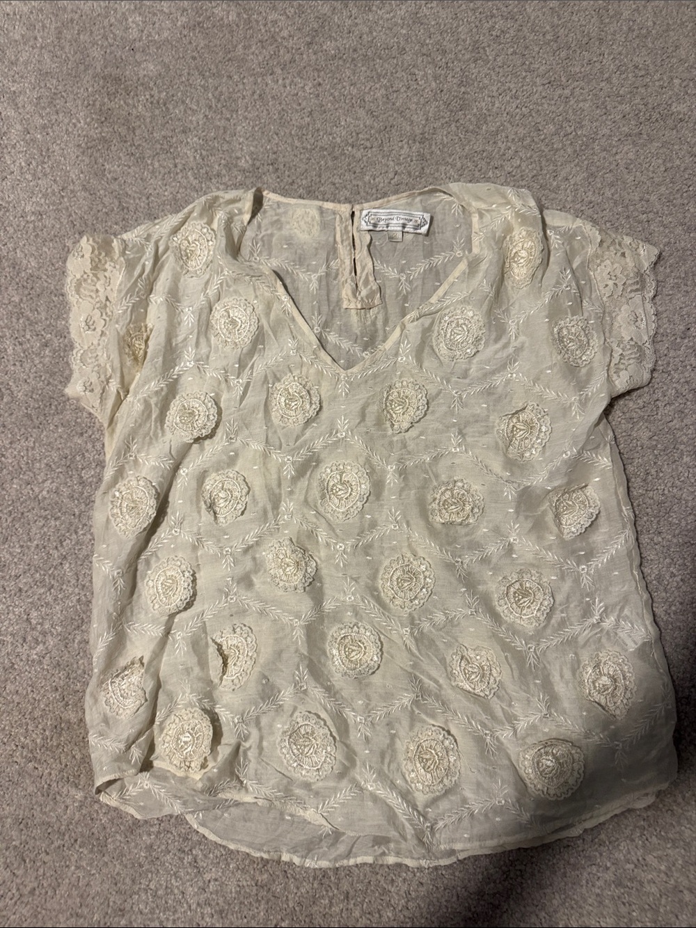 Embroidered Cream V-Neck Women's Blouse with Lace Trim